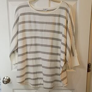 Avenue Cream and Light Gray Striped Scoop Neck Sweater
